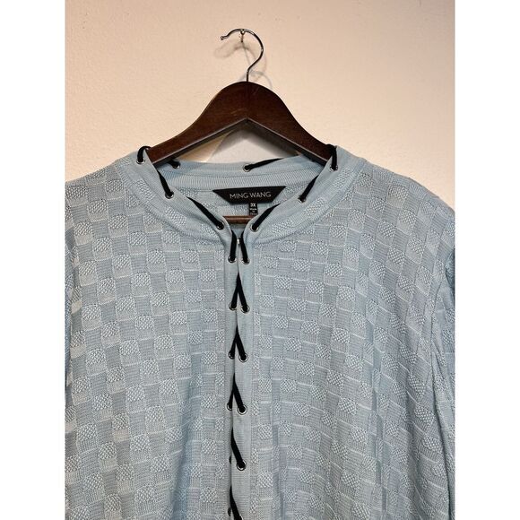 Ming Wang Womens Cardigan 3X Blue Acrylic Textured Block Knit Open Nautical - Picture 7 of 11